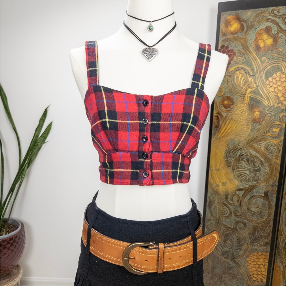 Y2K Plaid Bustier Crop‎ Top Red Black Shirred Back Button Front Womens